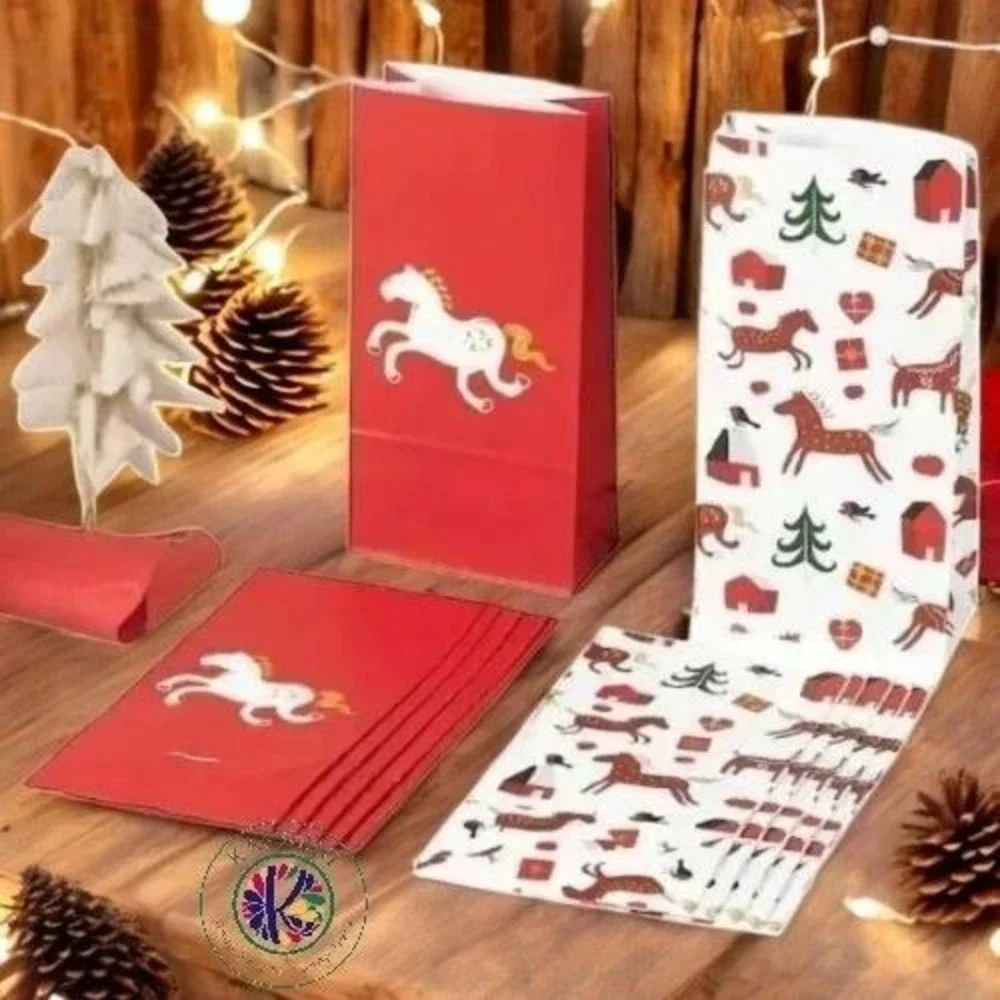 IKEA VINTERFINT Gift Bags – 12 Pack – Nordic Animal & Dala Horse Designs – Disco
